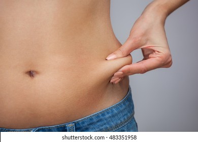 She pulls the hand skin showing fat in the abdomen and flanks.  Treatment and disposal of excess weight, the deposition of subcutaneous fat tissue.