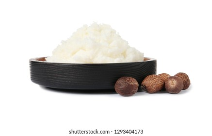 Shea Butter In Bowl And Nuts Isolated On White