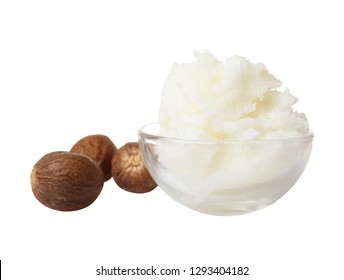 Shea Butter In Bowl And Nuts Isolated On White