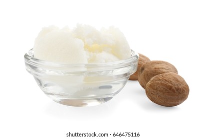 Shea Butter In Bowl And Nuts Isolated On White