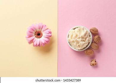 Shea Butter With Nuts And Flower On Color Background