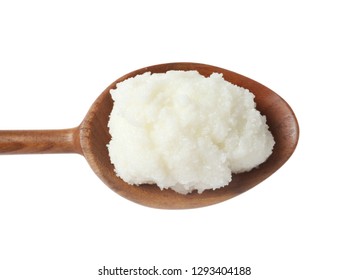 Shea Butter In Wooden Spoon Isolated On White, Top View