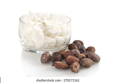 Shea Nuts Near Butter, Isolated On White Background