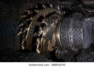 Shearer Drill Head In A Coal Mine. Extraction Of Coal By Underground Method.