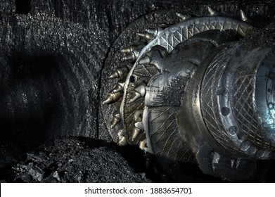 Shearer Drill Head In A Coal Mine. Extraction Of Coal By Underground Method.