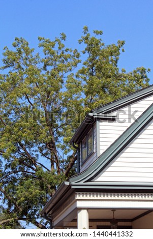 Shed roof and dentil molding architectural details on early 20th century home in Michigan against blue sky and trees. 
