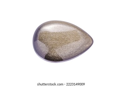 Sheen obsidian (golden yellow color) macro detail white isolated background. close-up polished semi-precious gemstone copy space.