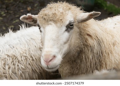 sheep close up. sheep in a pen on a farm. white sheep close up - Powered by Shutterstock