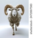 Sheep with horns walking on an isolated white background, looking at the camera. 3d Illustration.