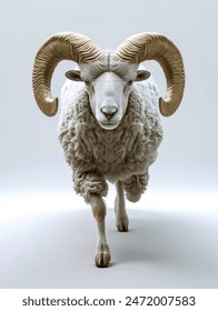 Sheep with horns walking on an isolated white background, looking at the camera. 3d Illustration.