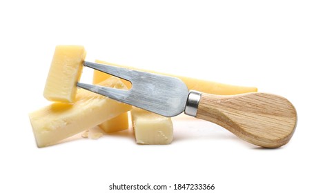 Sheep Milk Cheese Slices With Small Cheese Fork Isolated On White Background