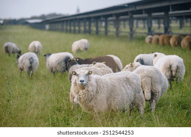 Sheep standing in a field of solar panels with solar trackers and a windmill in the distance. Agrivoltaics concept where the land is shared between solar parks and sheep grazing. - Powered by Shutterstock