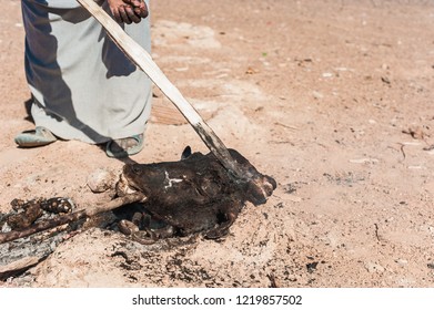 A Sheep's Head, Charred On A Fire, Sheep Head For Breakfast Or Lunch Is A Very Popular Dish In Morocco