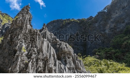 Sheer cliffs with furrowed slopes and sharp peaks against a background of blue sky and clouds. Green tropical vegetation in the valley. Philippines. Palawan.