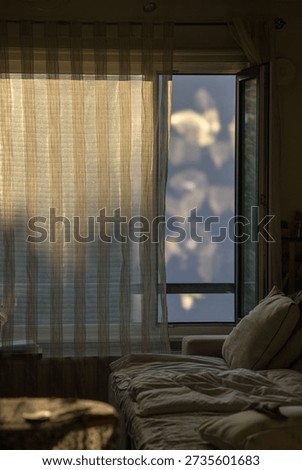 Sheer curtains and open window with soft evening light in bedroom. Close-up view of sheer curtains and an open window in a cozy bedroom during golden hour. Soft light and cloud reflections create a calm, minimal, and intimate home atmosphere. Perfect for concepts of mindfulness, slow living, tranquility, and modern apartment interiors.