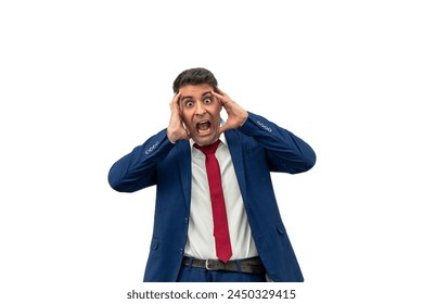 sheer terror on the face of a businessman as he screams with his hands on his head, mouth agape, displaying a look of horror and panic. With an expression of terror and anguish white background