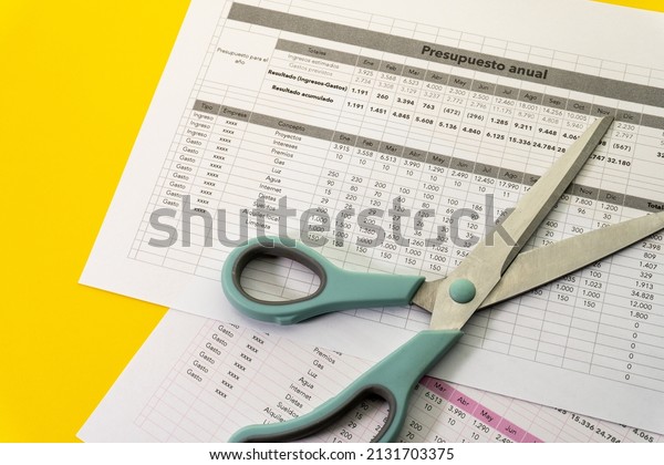 Sheet of the annual budget of any\
company with figures and concepts on a yellow background and open\
blue scissors on the paper indicating the cuts in the\
budget