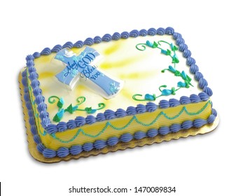 Sheet Cake With White Icing Decorated In A Christian Spiritual Theme Isolated On A White Background