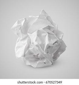 Sheet Of Crumpled White Paper Ball On Gray Background. Screwed Up Paper Ball With Clipping Path