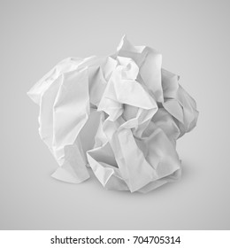 Sheet Of Crumpled White Paper Ball On Gray Background. Screwed Up Paper Ball With Clipping Path
