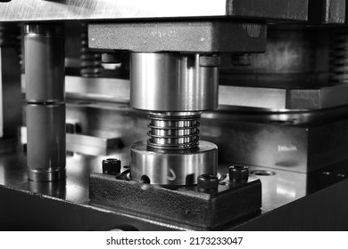 Sheet Metal Stamping Tool Die for Automotive Precision Parts on The Numerical Control Milling Machine Table. Tandem Stamping System. At a High Quality Technology Factory. Black and White Photography. - Powered by Shutterstock