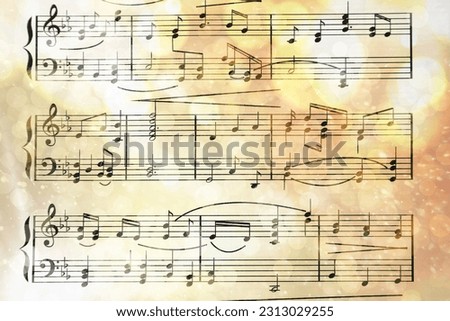 Sheet with music notes as background, top view. Bokeh and color tone effects