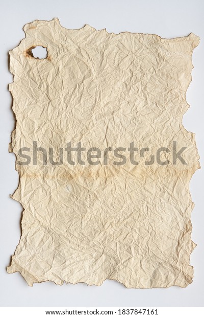 sheet of old paper, yellow, burnt,\
vintage, crumpled on a white background,\
vertical