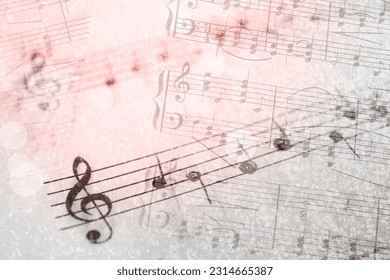 Sheets with music notes as background, double exposure. Bokeh and color tone effects