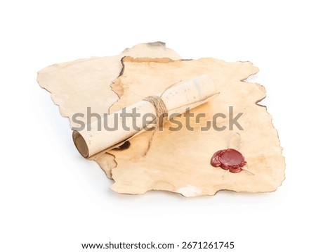Sheets and scroll of old paper isolated on white