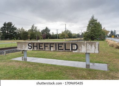 Sheffield, Canterbury / New Zealand, April 6 2019 : Sheffield Village Name Sign Beside State Highway 73 