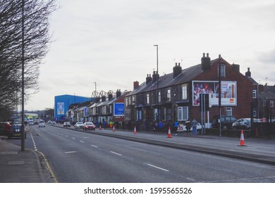 SHEFFIELD, ENGLAND - DECEMBER 7, 2019: View Of Road A61 With Hillsborough Stadium In Sheffield, England