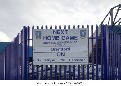 SHEFFIELD, ENGLAND - DECEMBER 7, 2019: Upcoming Match Sign At Hillsborough Stadium In Sheffield, England