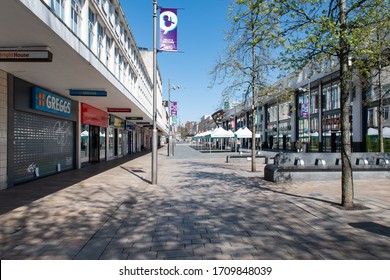 Sheffield, England, UK - April 19th 2020 - Closed Greggs store in the Moor Quarter in the city centre in Sheffield. Normally popular shopping street with not many people due to coronavirus lockdown.