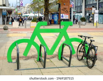 Sheffield, South Yorkshire, UK.
May 6  2021
An Amusing, Large Green Street Sign Indicating The Position Of A Cycle Bay In Sheffield City Centre Pedestrian Zone. 