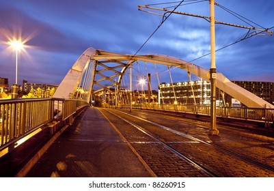 Sheffield Tram Bridge And Lines By Night