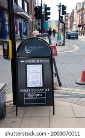 Sheffield UK: 17th April 2021: RIP HRH Prince Philip Duke Of Edinburgh God Save The Queen Sign By St Matthew’s Church On The Day Of His Funeral, At Carver Street And West Street