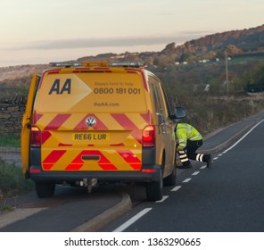 SHEFFIELD, UK - 20TH OCTOBER 2018 - AA Repair Van And Mechanic At The Side Of The Road