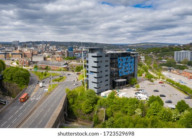 Sheffield UK, 5th May 2020: Aerial Photo Of The City Centre Of Sheffield In South Yorkshire In The UK Showing The Capita Employee Benefits Building In The City Centre From Above On A Sunny Summers Day