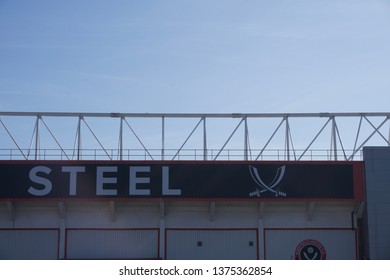 Sheffield / UK - April 20, 2019: Sheffield United Football Club, Bramall Lane 'Forged In Steel' Logo On Stadium Exterior