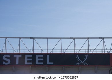 Sheffield / UK - April 20, 2019: Sheffield United Football Club, Bramall Lane 'Forged In Steel' Logo On Stadium Exterior