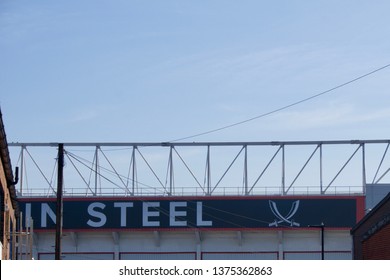 Sheffield / UK - April 20, 2019: Sheffield United Football Club, Bramall Lane 'Forged In Steel' Logo On Stadium Exterior