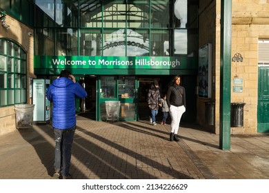 Sheffield, UK - Dec. 09, 2021: Some People In The Entrance Area Of The Morrisons Supermarket Chain On Penistone Rd, Hillsborough District