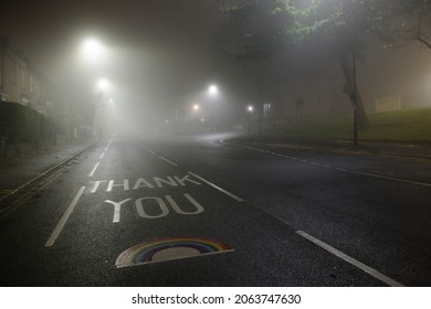 Sheffield, United Kingdom, 8th November, 2020: Thank You NHS Rainbow Painted On Glossop Road Outside Hallamshire Hospital In Sheffield. Foggy Night.