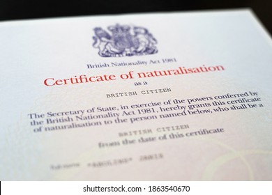 Sheffield, United Kingdom - November 27, 2020: Certificate Of Naturalisation. Becoming A British Citizen. British Citizenship.