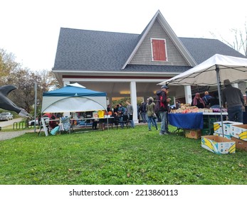 Shelburne, NS, CAN, October 8, 2022 - People And Vendors Gathered At A Thriving Farmer's Market In Downtown Shelburne, Nova Scotia.