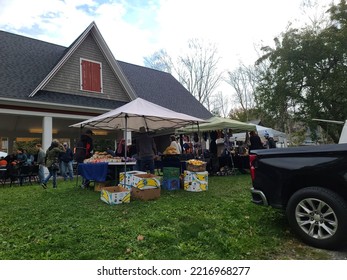 Shelburne, NS, CAN, October 8, 2022 - People And Vendors Gathered At A Thriving Farmer's Market In Downtown Shelburne, Nova Scotia.