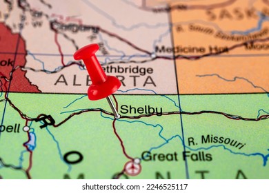 Shelby map. Close up of Shelby map with red pin. Map with red pin point of Shelby in USA.