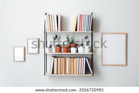 Shelf with books and plants hanging on light wall