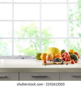 Shelf of free space for your decoration and fresh fruits. Blurred window background and sunny warm day.  - Shutterstock ID 2192613503