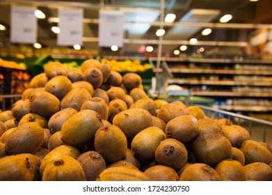 Shelf With Fruits In The Supermarket. Kiwifruit